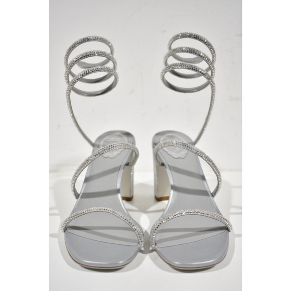 Rene Caovilla Cleo Grey Silver Crystal Wrap Strap Sandal Block Heel Pump 37.5 - Picture 6 of 12